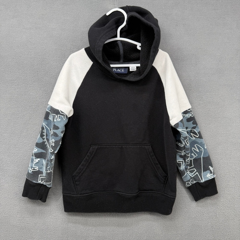 The Childrens Place Boys 3T Dinosaur Camo Colorblock Pullover Hoodie Black Blue